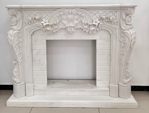 White Volakas marble fireplace surround, with an arched opening and fine veining, against a pale background