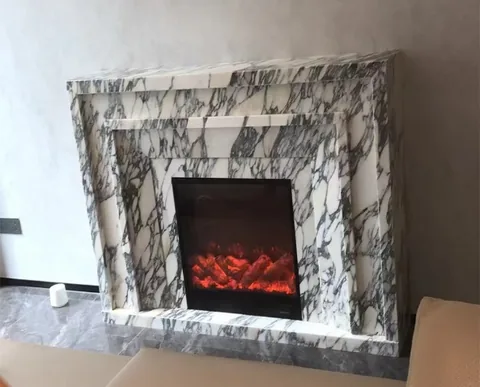 Arabescato Corchia marble fireplace surround, with stepped tiers and bold veining, in a furnished room
