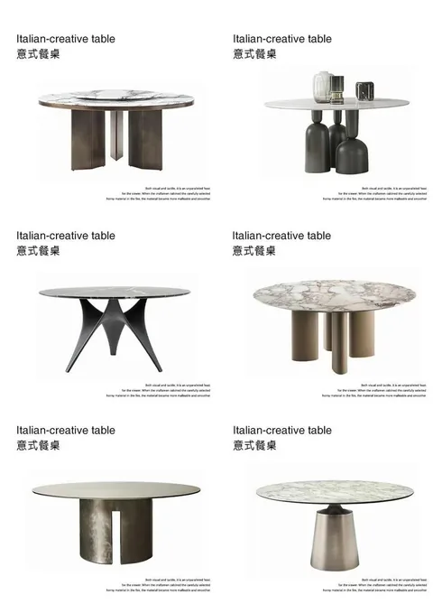 white stone dining table, with a round top and fine veining, on a plain backdrop