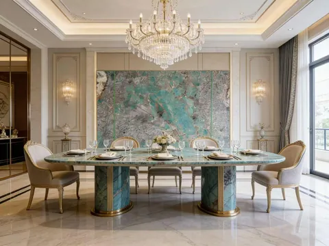green stone dining table, with twin supporting bases and cloudy mottling, in a furnished room