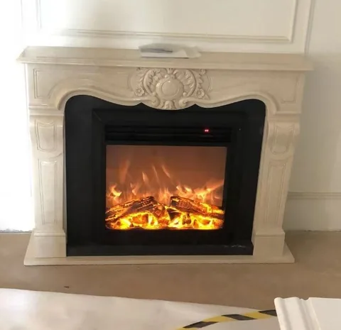 White Volakas marble fireplace surround, with a plain surface, against a pale background