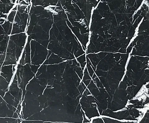 black stone slab, with a single full slab and bold veining, in a close surface view
