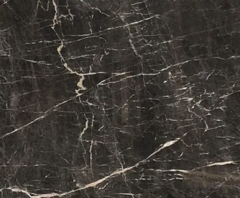 black stone slab, with a single full slab and fine veining, in a close surface view