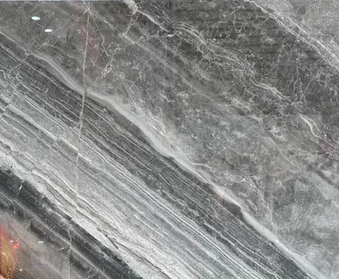 gray stone slab, with bold veining and a reflective finish, in a close surface view