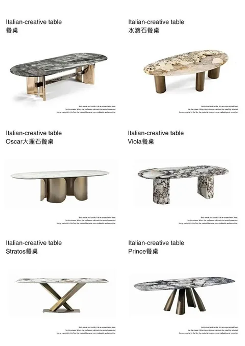white stone dining table, with bold veining and a reflective finish, on a plain backdrop