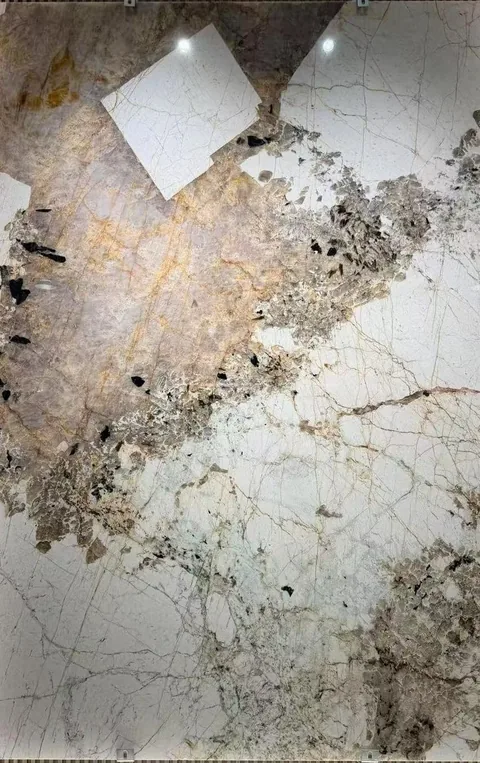 white stone slab, with angular breccia fragments and a reflective finish