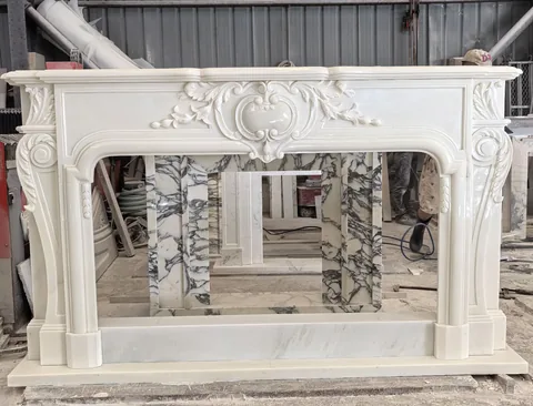 White Volakas marble fireplace surround, with bold veining, shown from a frontal view