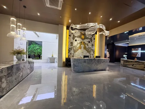 gray stone countertop, with cloudy mottling and a reflective finish, in a furnished room