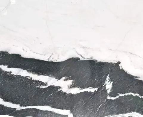 black stone slab, with bold veining, in a close surface view
