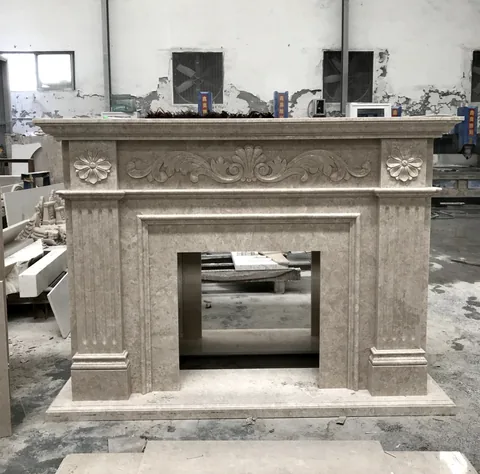 White Volakas marble fireplace surround, with cloudy mottling, in a workshop