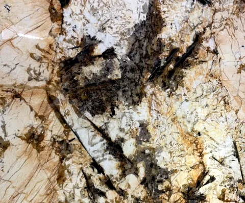 cream-beige stone slab, with a single full slab and bold veining, in a close surface view