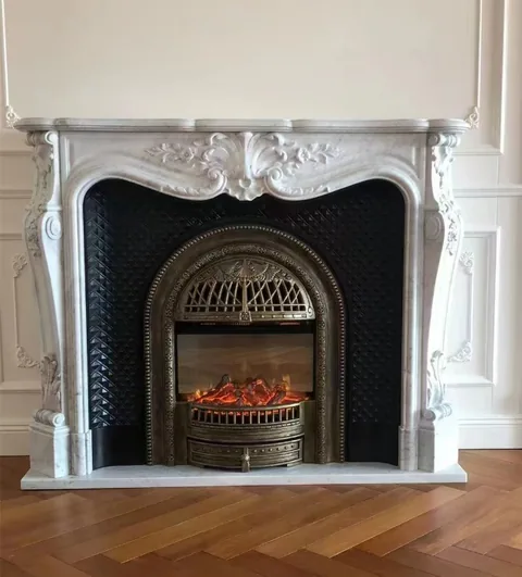 White Volakas marble fireplace surround, shown from a frontal view