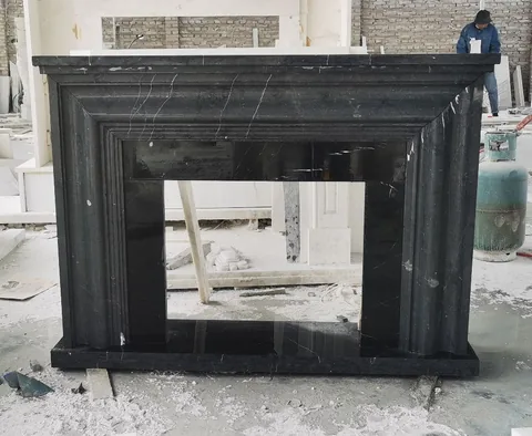 White Volakas marble fireplace surround, with fine veining, shown from a frontal view with strong pattern contrast