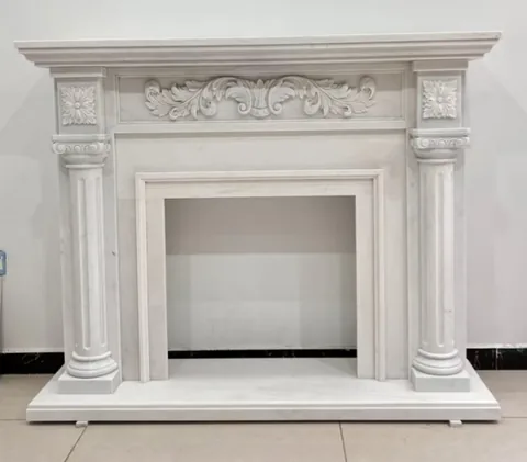 White Volakas marble fireplace surround, with fine veining, against a pale background