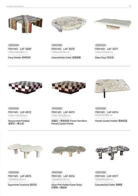 white stone coffee table, with bold veining and a reflective finish, on a plain backdrop