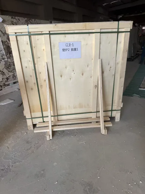 cream-beige stone fireplace surround, with visible cream-beige stone variation, in protective packing