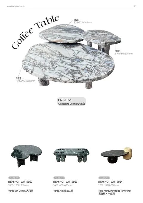 white stone coffee table, with bold veining and a reflective finish, on a plain backdrop