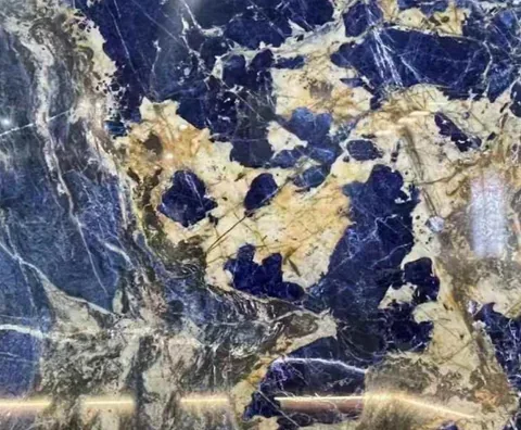 blue stone slab, with a single full slab and bold veining, in a close surface view