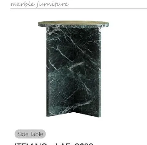 green stone side table, with bold veining and a reflective finish, on a plain backdrop
