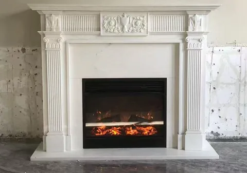 White Volakas marble fireplace surround, with fine veining