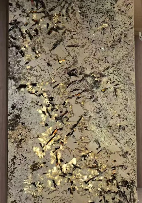 gray stone slab, with a single full slab and angular breccia fragments, in a close surface view