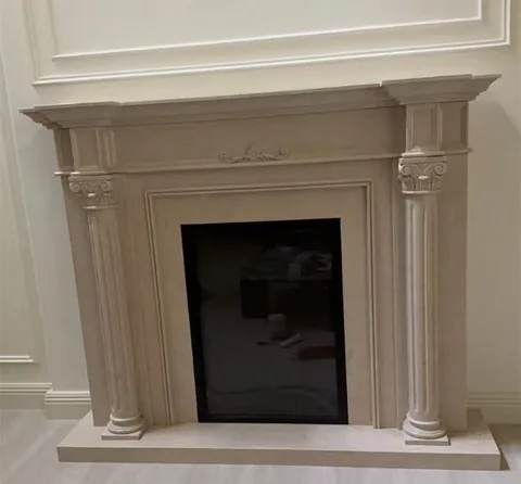 White Volakas marble fireplace surround, with a plain surface, against a pale background