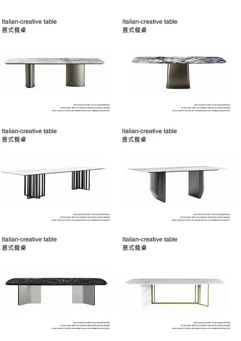 white stone dining table, with bold veining and a reflective finish, on a plain backdrop