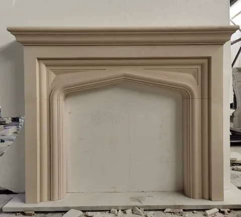White Volakas marble fireplace surround, with plain surface, showing a single main form