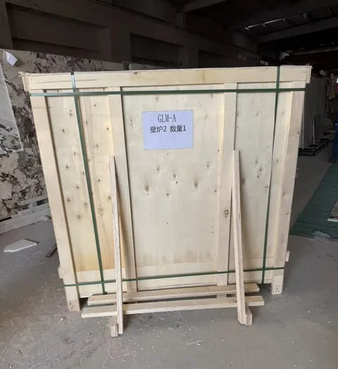 cream-beige stone fireplace surround, with visible cream-beige stone variation, in protective packing