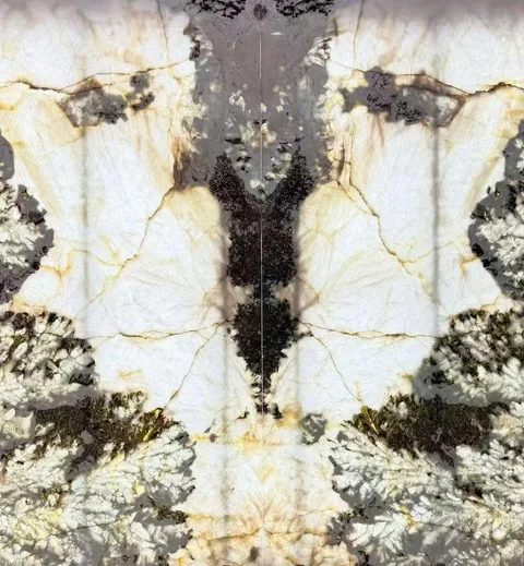white stone slab, with a bookmatched slab pair and bold veining, in a close surface view