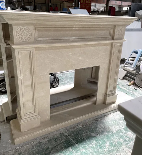 White Volakas marble fireplace surround, with fine veining and a soft satin finish, in a workshop