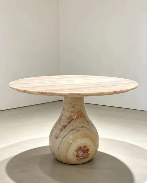 cream-beige stone coffee table, with banded onyx-like striping and a reflective finish, against a pale background