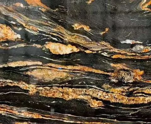 black stone slab, with a single full slab and bold veining, in a close surface view