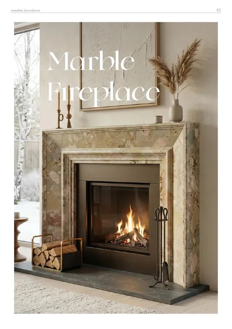 cream-beige stone fireplace surround, with stepped tiers and angular breccia fragments, in a furnished room