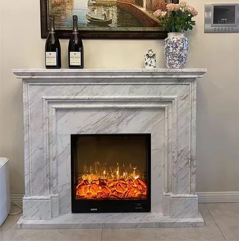 White Volakas marble fireplace surround, with stepped tiers and fine veining, in a furnished room