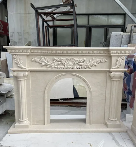 White Volakas marble fireplace surround, shown from a frontal view with workshop equipment nearby