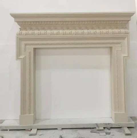White Volakas marble fireplace surround, with stepped tiers and a plain surface, in a workshop