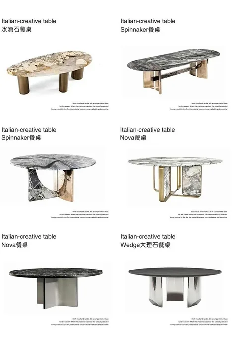 gray stone dining table, with bold veining and a reflective finish, on a plain backdrop