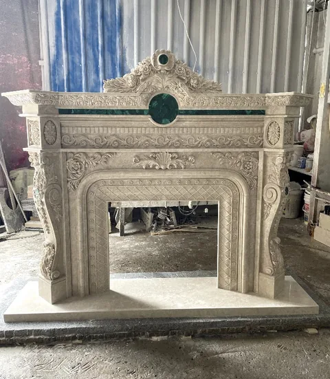 White Volakas marble fireplace surround, with plain surface, shown from a frontal view with workshop equipment nearby