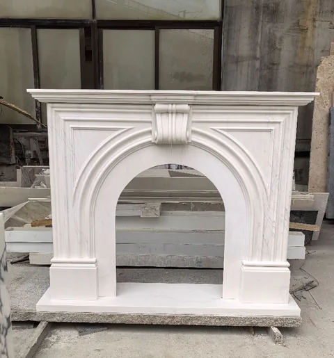 White Volakas marble fireplace surround, with subtle pattern contrast
