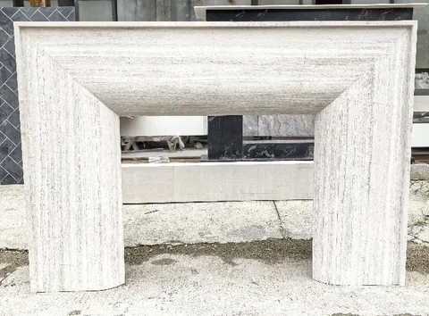 white stone console table, with linear travertine grain