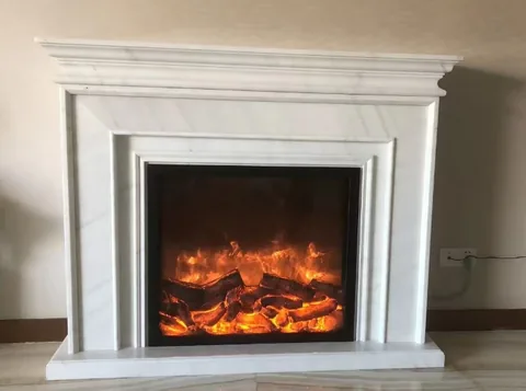 Arabescato Corchia marble fireplace surround, with stepped tiers and fine veining, in a furnished room