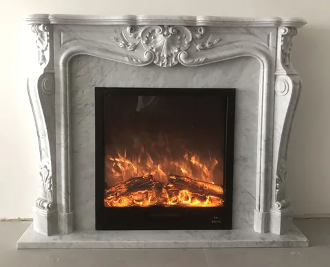 White Volakas marble fireplace surround, shown from a frontal view with an uncluttered setting