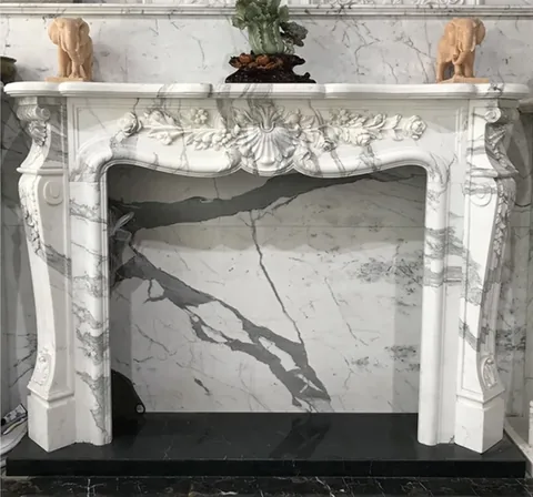 White Volakas marble fireplace surround, with bold veining, shown from a frontal view