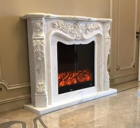 White Volakas marble fireplace surround, with fine veining, showing a single main form
