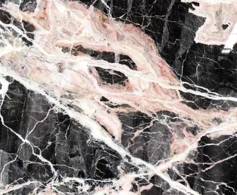 black stone slab, with bold veining and a reflective finish, in a close surface view