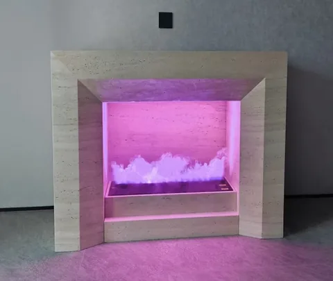 travertine fireplace surround, with linear travertine grain, against a pale background