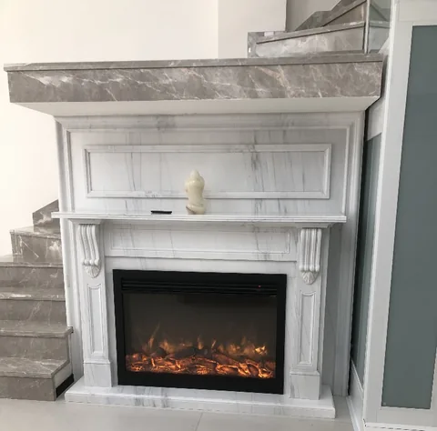 Arabescato Corchia marble fireplace surround, with fine veining and a reflective finish, in a showroom