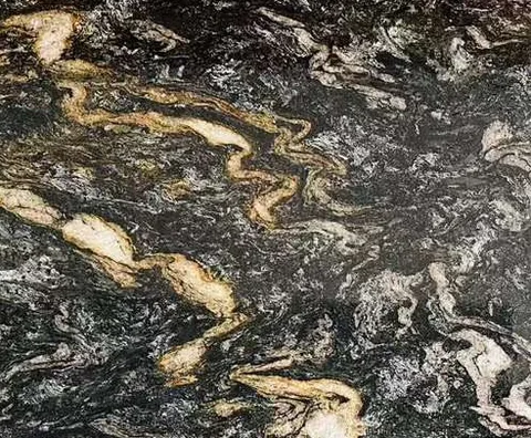 black stone slab, with bold veining, shown from an overhead view with strong pattern contrast