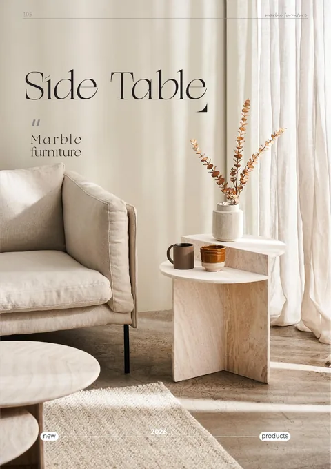 cream-beige stone side table, with fine veining, in a furnished room